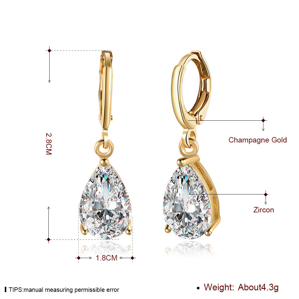 Teardrop zirconia ear clips - copper gold-plated (2.8 cm length)