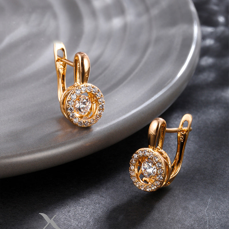 Graceful round ear clips with zirconia - copper alloy gold-plated (1.6 cm)