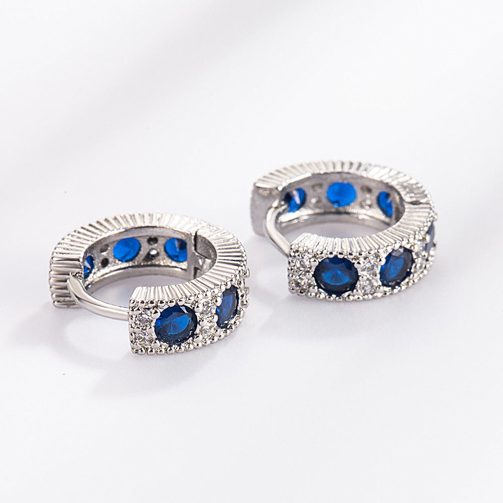 Retro-vintage earrings with blue zirconia - copper rhodium-plated (18K white gold look), Ø1.2cm x 0.4cm
