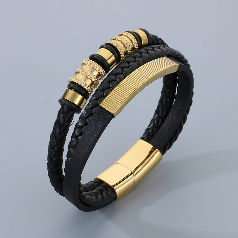 Men's titanium steel bracelet - multi-layer leather braid with curved stainless steel sheet and magnetic clasp