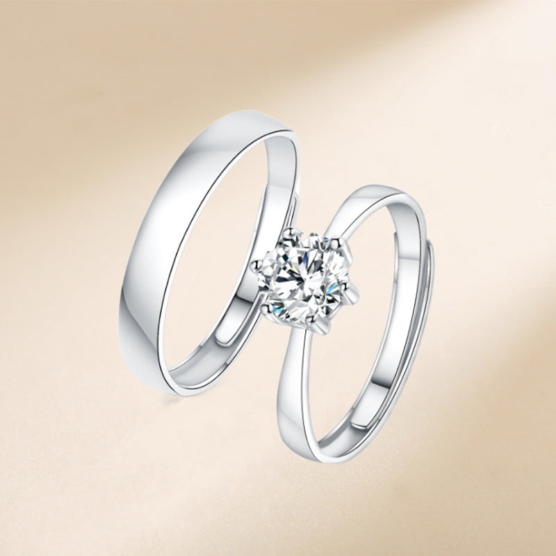 S925 Sterling Silver Couple Rings (6-Prong) - Rhodium-plated white gold look, adjustable & with cubic zirconia