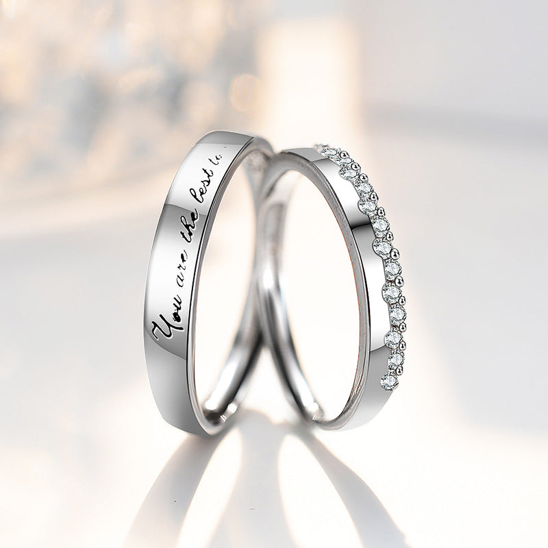 S925 Sterling Silver 'You Are The Best To Me' Couple Rings - Adjustable Size, Rhodium-plated White Gold Finish with Sparkling Zirconia Stones