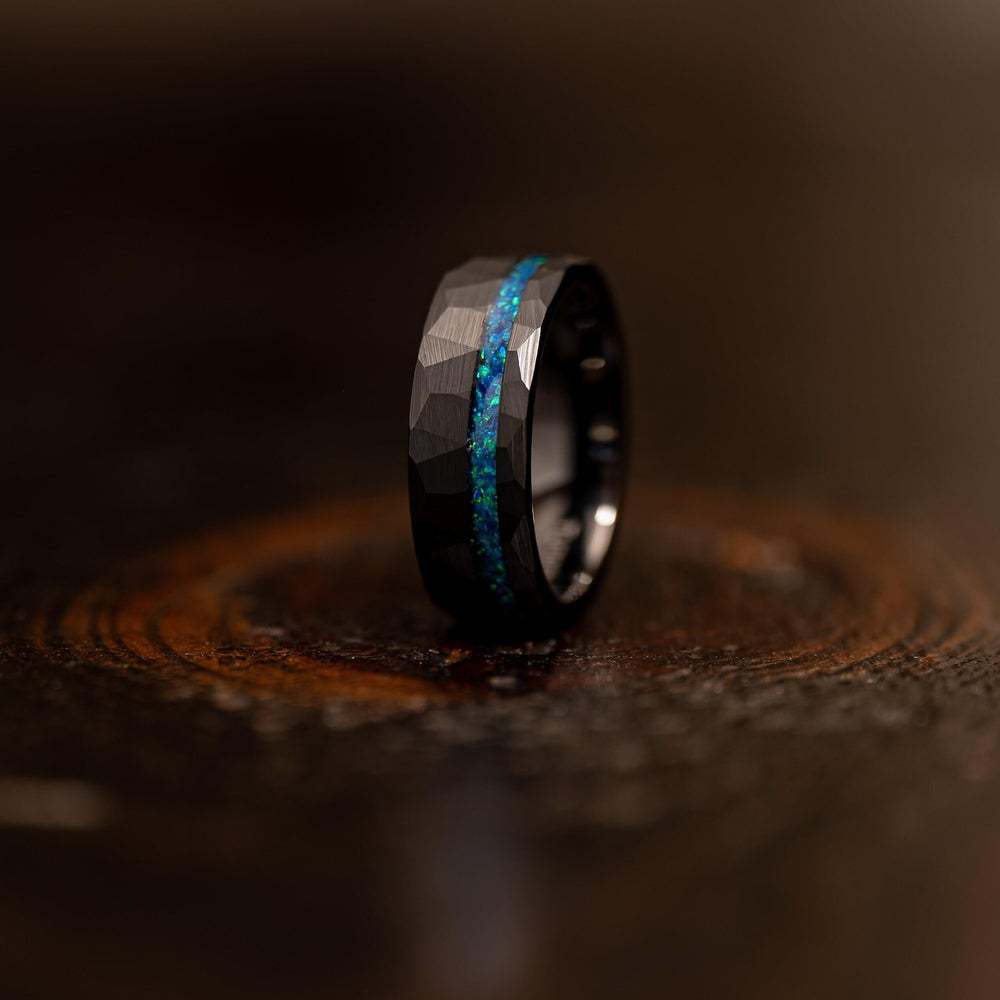 PIOWNN® 8mm Wolframcarbid Ring - Gehämmertes Design mit blauem Zirkonia