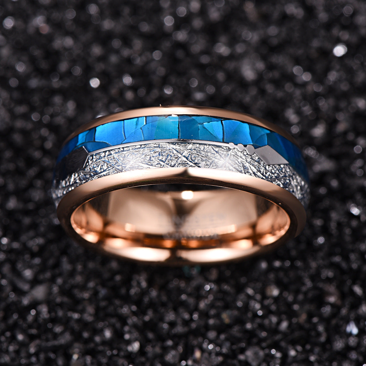 Herrenring aus Wolframcarbid mit Roségold-Beschichtung & blauer Perlmutt-Einlage – gravurfähig, ideales Geschenk