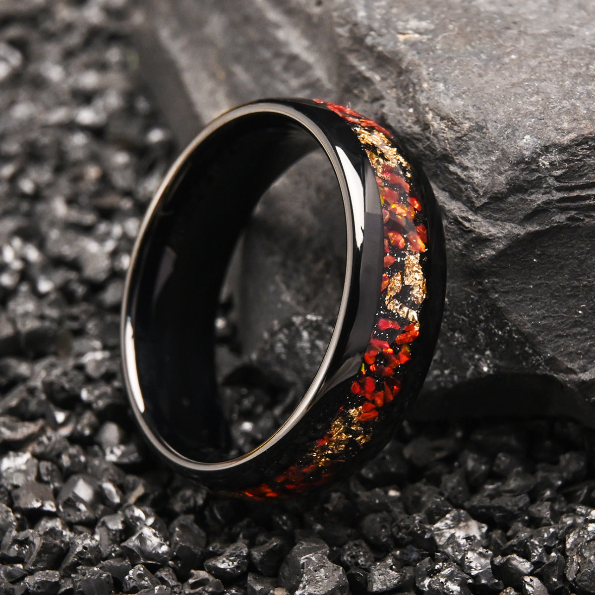 PIOWNN® Wolframstahl Verlobungsring mit Blauem / Rot Opal