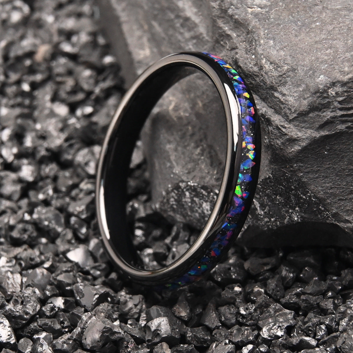 PIOWNN® Wolframstahl Verlobungsring mit Blauem / Rot Opal