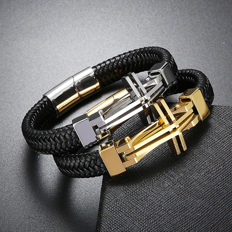 Men's stainless steel bracelet with cross pendant and leather braiding | Hypoallergenic