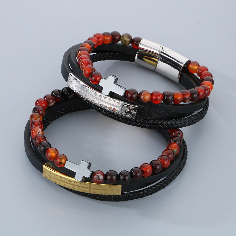 Vintage leather bracelet for men with titanium steel cross & agate beads – multi-layer braided