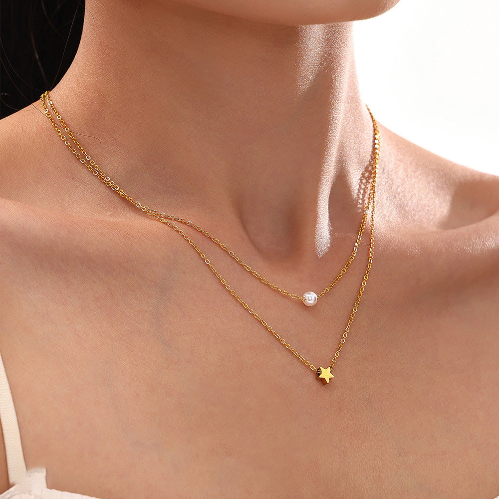 Star double chain with imitation pearls – 18K gold-plated stainless steel or silver look for stylish layering