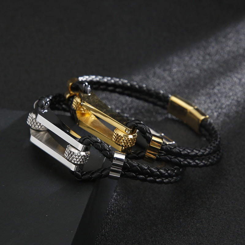 Stainless steel bracelet with double leather braid – titanium steel accents for urban style