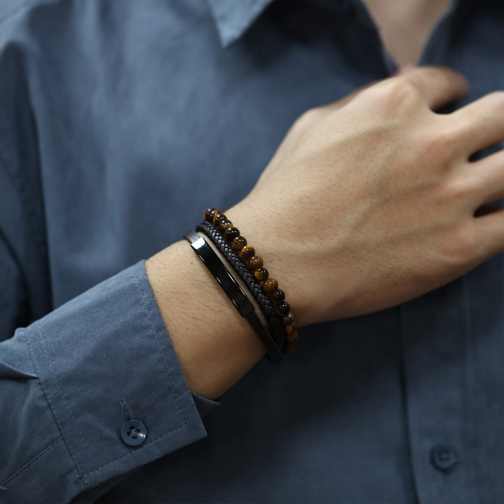 Braided leather bracelet with tiger eye for men – multi-layer design