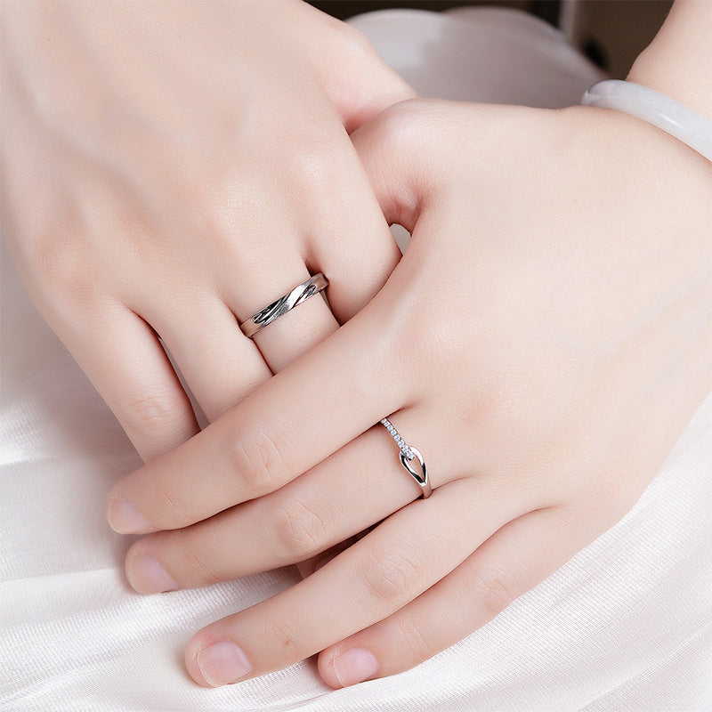 S925 Sterling Silver 'Rupert's Tear' Couple Rings - Rhodium-plated white gold look with sparkling zirconia stones