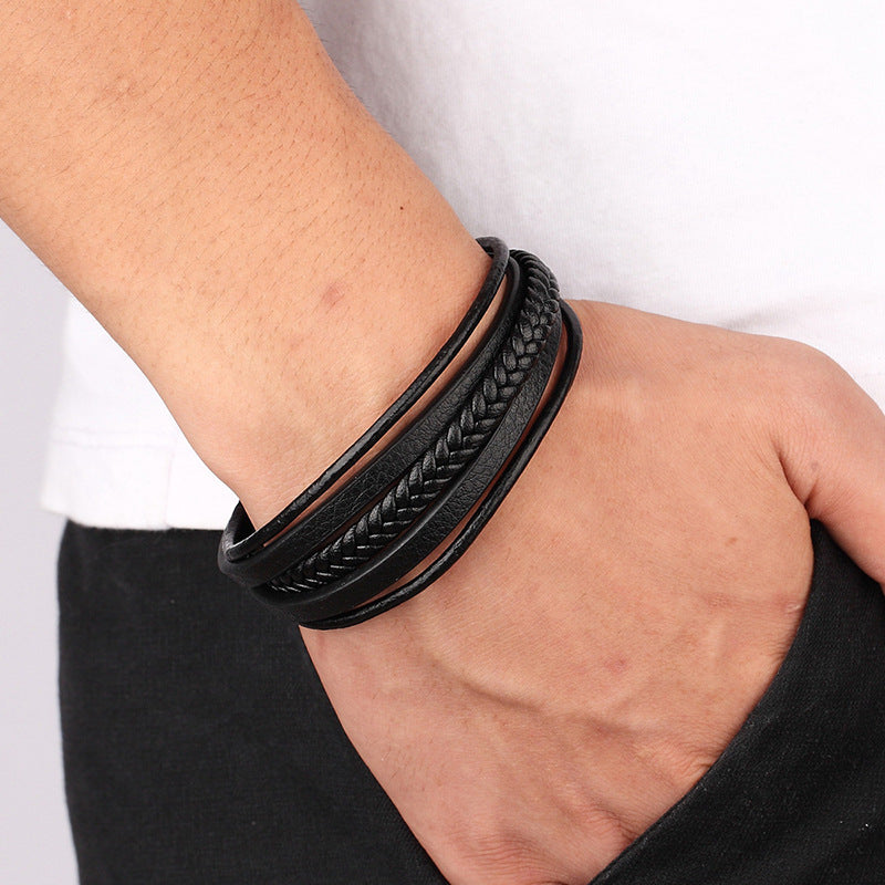 5-lagiges Titanstahl Lederarmband - Schwarz geflochtener Herrenschmuck - Robustes Naturleder-Armband mit Metallakzent