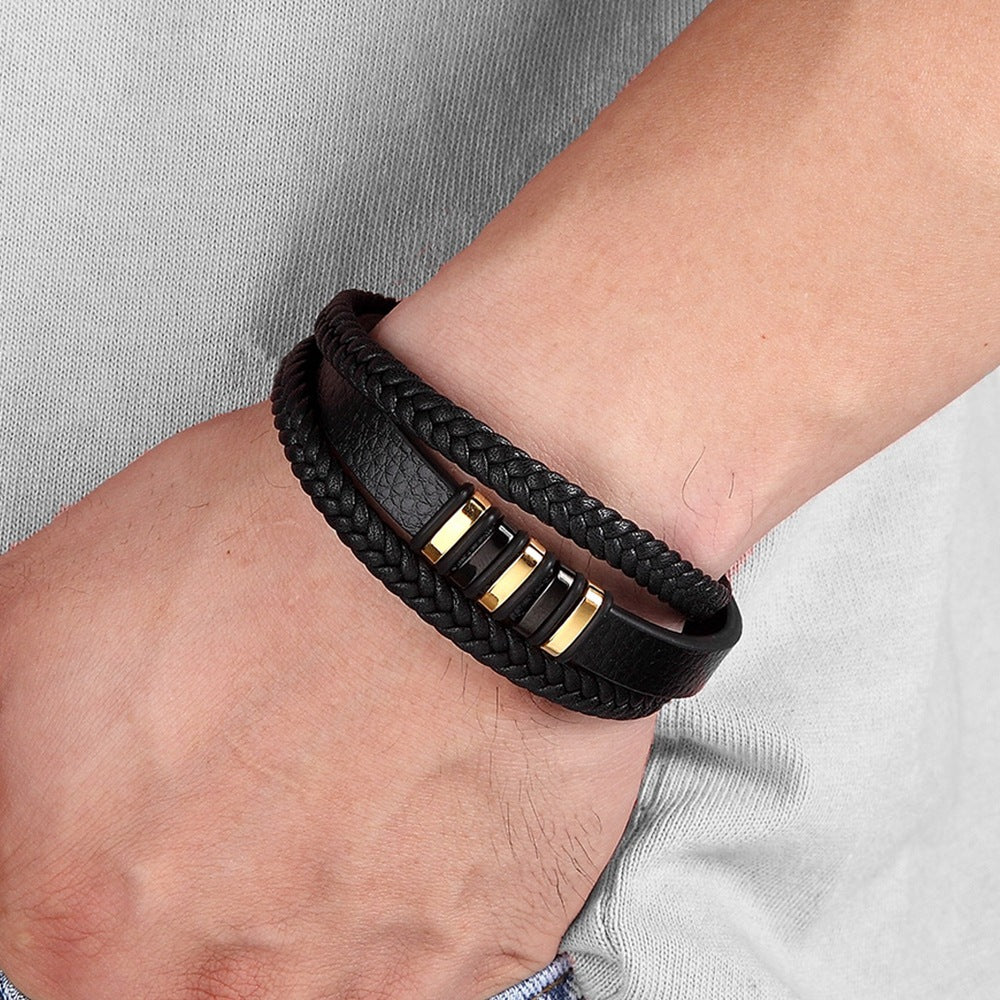 Multi-row leather bracelet with stainless steel - Handmade men's jewelry - Rustic unisex design