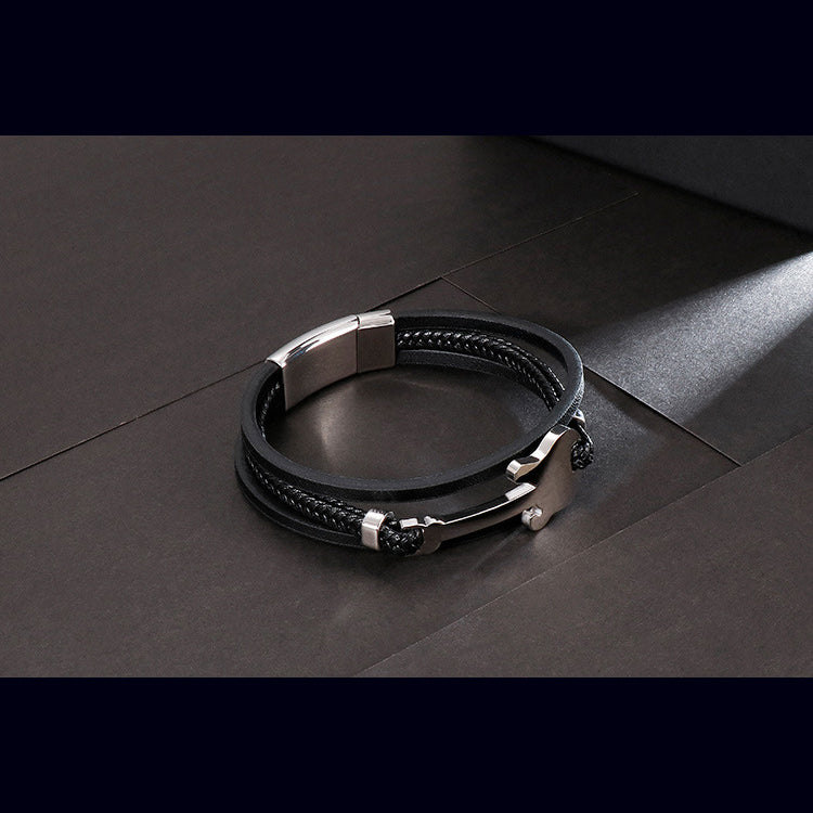 Titanium steel bracelet with mini guitar pendant – multi-layer braided leather strap in vintage design
