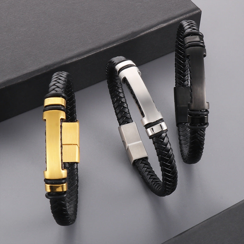 Simple braided leather bracelet with magnetic plate – unisex design