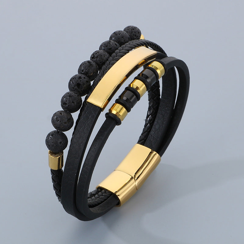 Vintage leather bracelet for men with volcanic stone & magnetic plate – multi-layer microfiber braiding