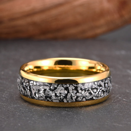 Herrenring aus Wolframcarbid, 8 mm, goldfarben, mit Meteoriteneinlage, modisches Design