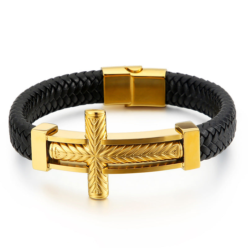 Men's braided leather bracelet with stainless steel cross – Robust men's bracelet