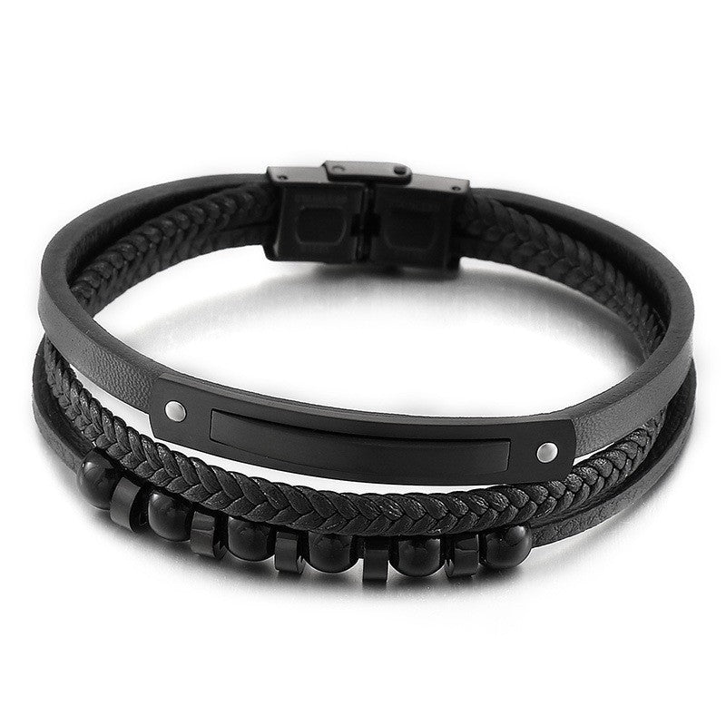 Multi-layer braided leather bracelet with stainless steel & geometric beads – Handmade unique jewelry