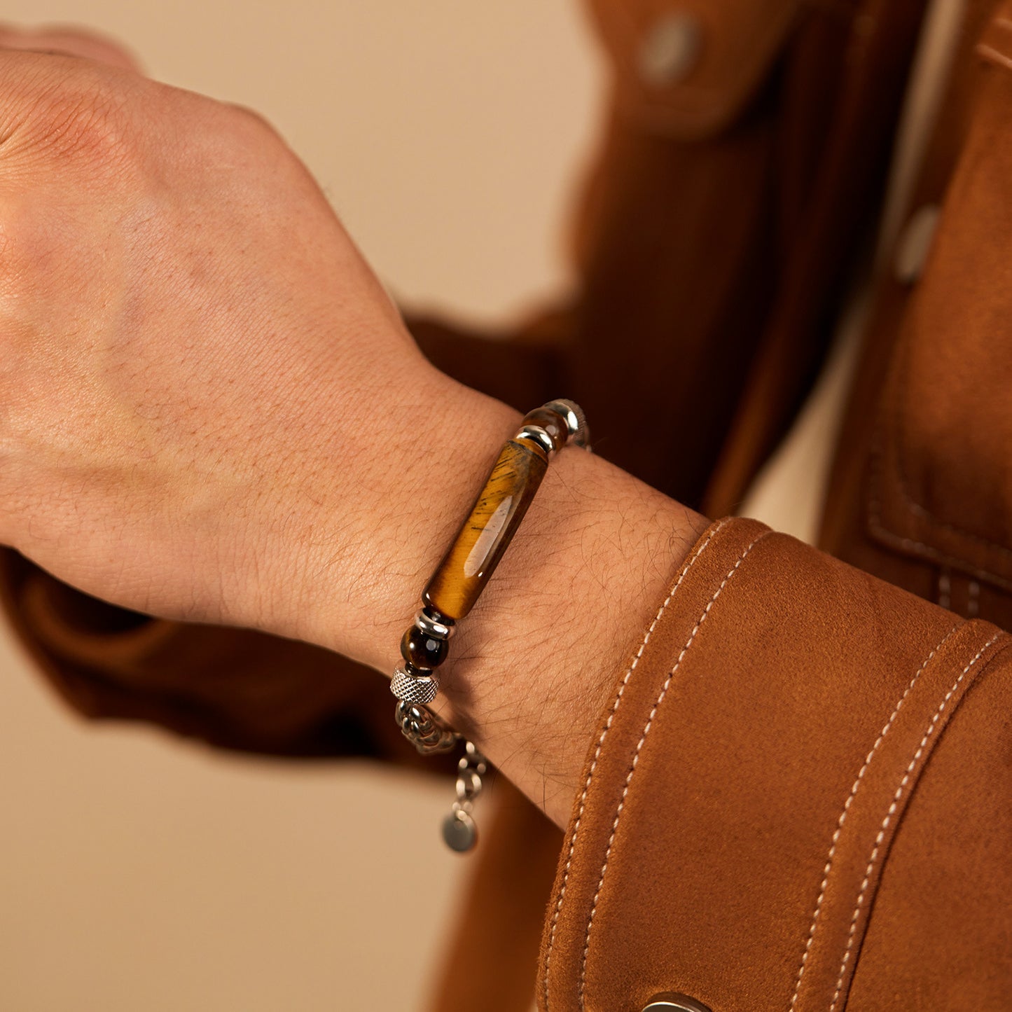 Stainless steel chain bracelet with tiger eye & titanium – For men