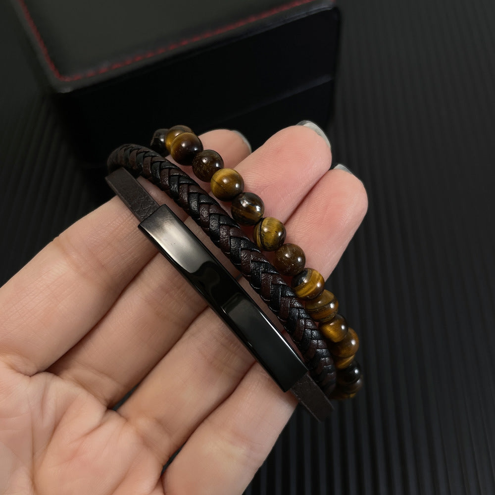Braided leather bracelet with tiger eye for men – multi-layer design