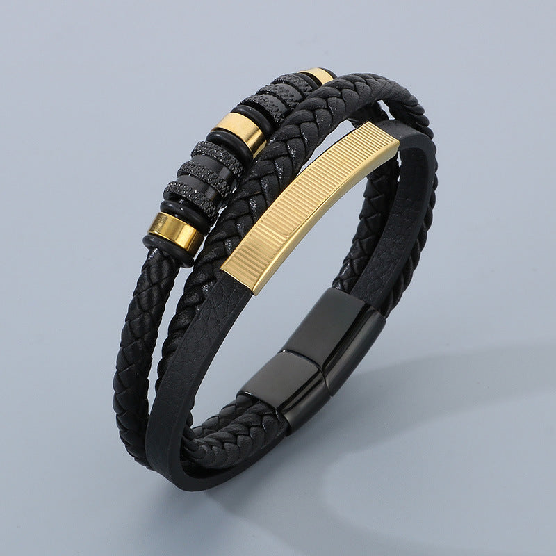 Men's titanium steel bracelet - multi-layer leather braid with curved stainless steel sheet and magnetic clasp