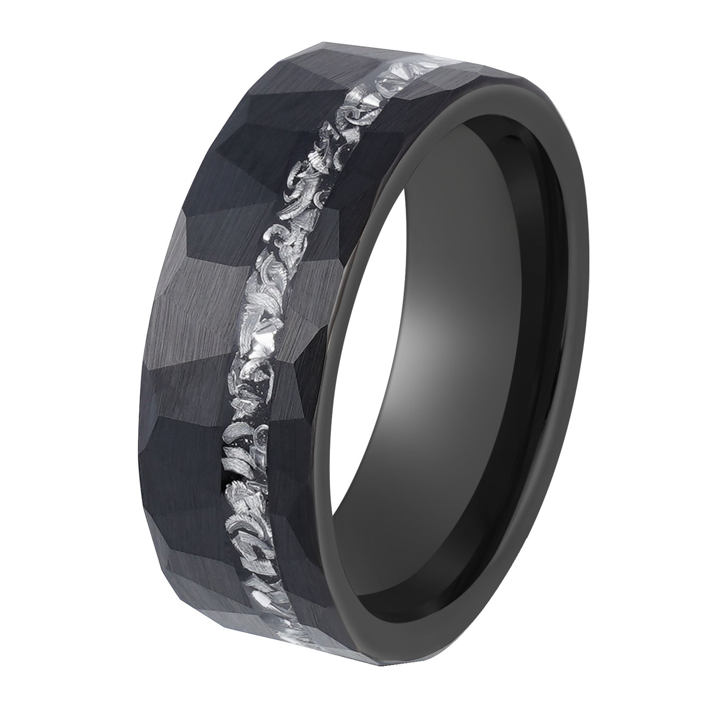 Maskuliner Wolframring mit Meteorit und Hammerschlag-Design – 8 mm Breite
