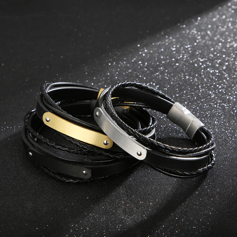 Multi-layered leather bracelet with stainless steel & magnetic plate – hand-woven unique jewelry