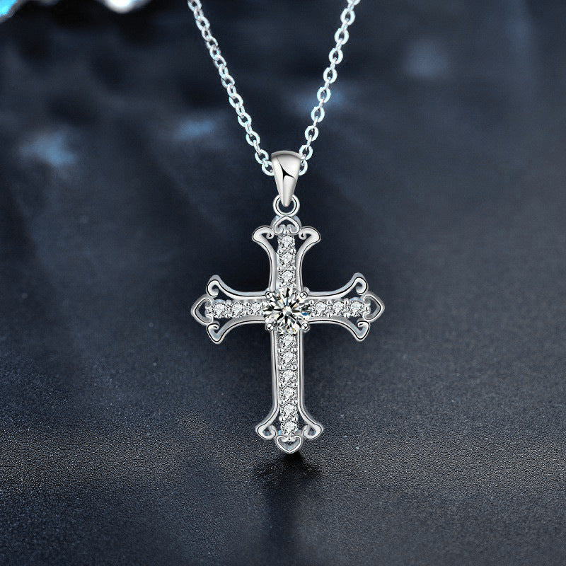Cross pendant with moissanite (0.5ct) | 925 sterling silver with rhodium plating