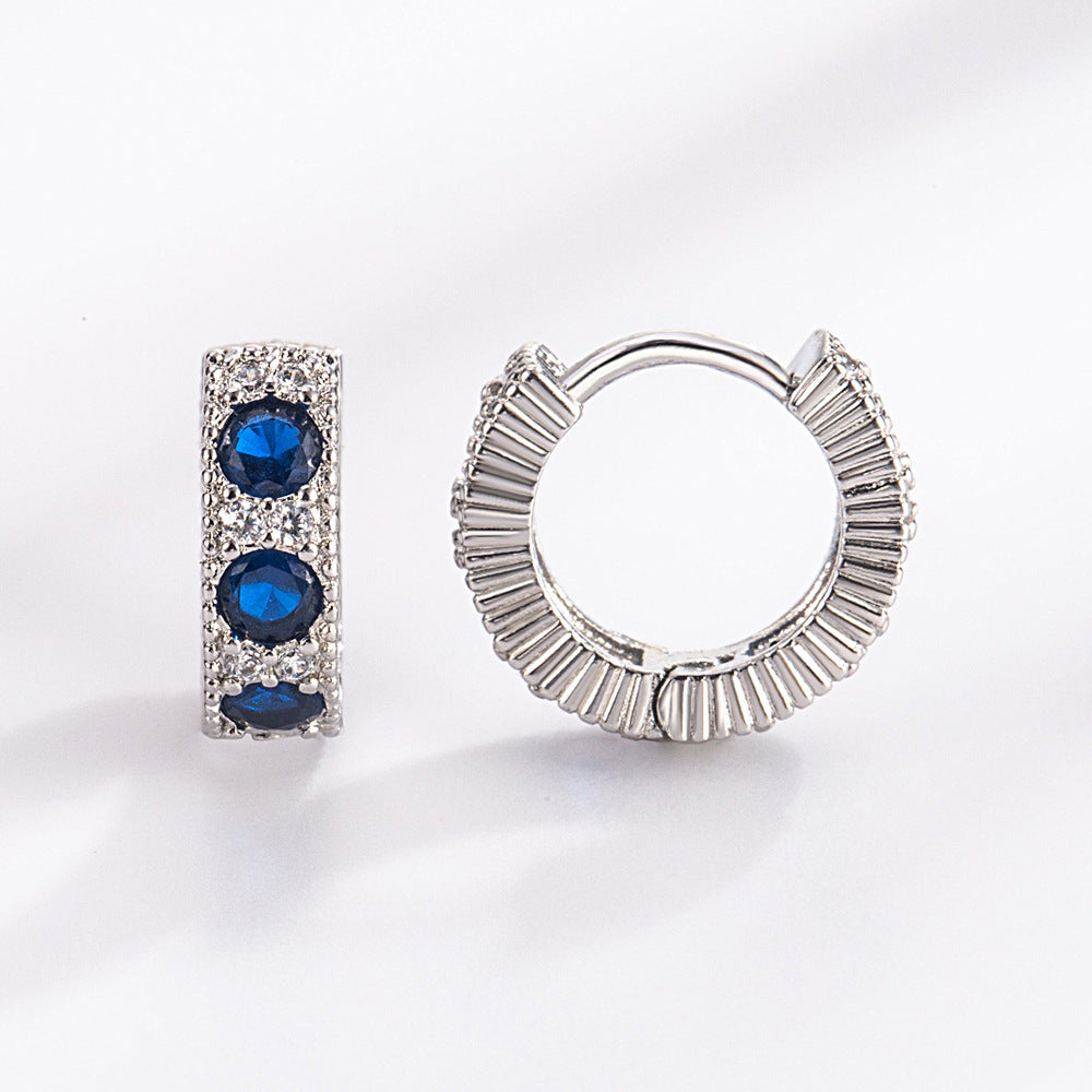 Retro-vintage earrings with blue zirconia - copper rhodium-plated (18K white gold look), Ø1.2cm x 0.4cm