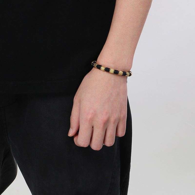 Stainless steel bracelet for men with microfiber leather insert – Timeless pearl design for business & leisure