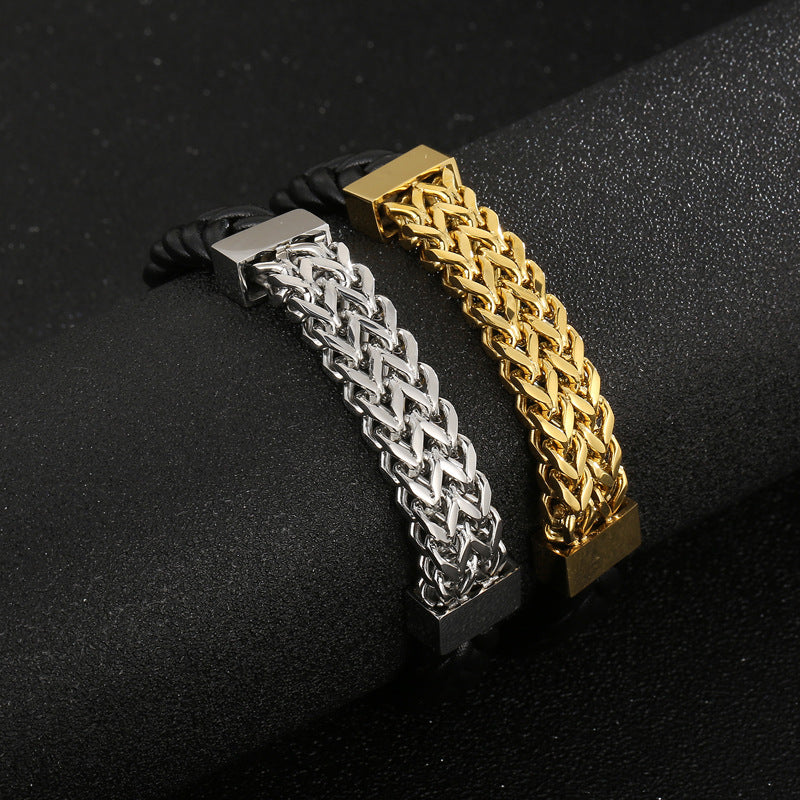 Double-row leather bracelet with titanium steel chain – magnetic clasp for men