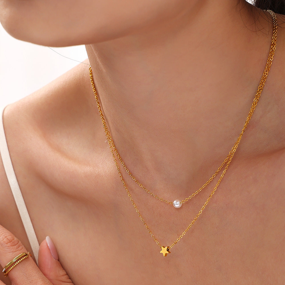 Star double chain with imitation pearls – 18K gold-plated stainless steel or silver look for stylish layering