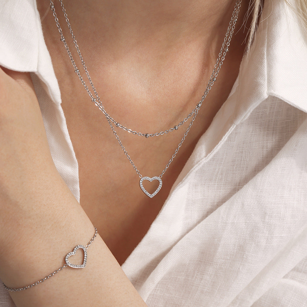 Double chain set: heart pendant with zirconia & cross chain with steel beads – 18K gold-plated or silver stainless steel