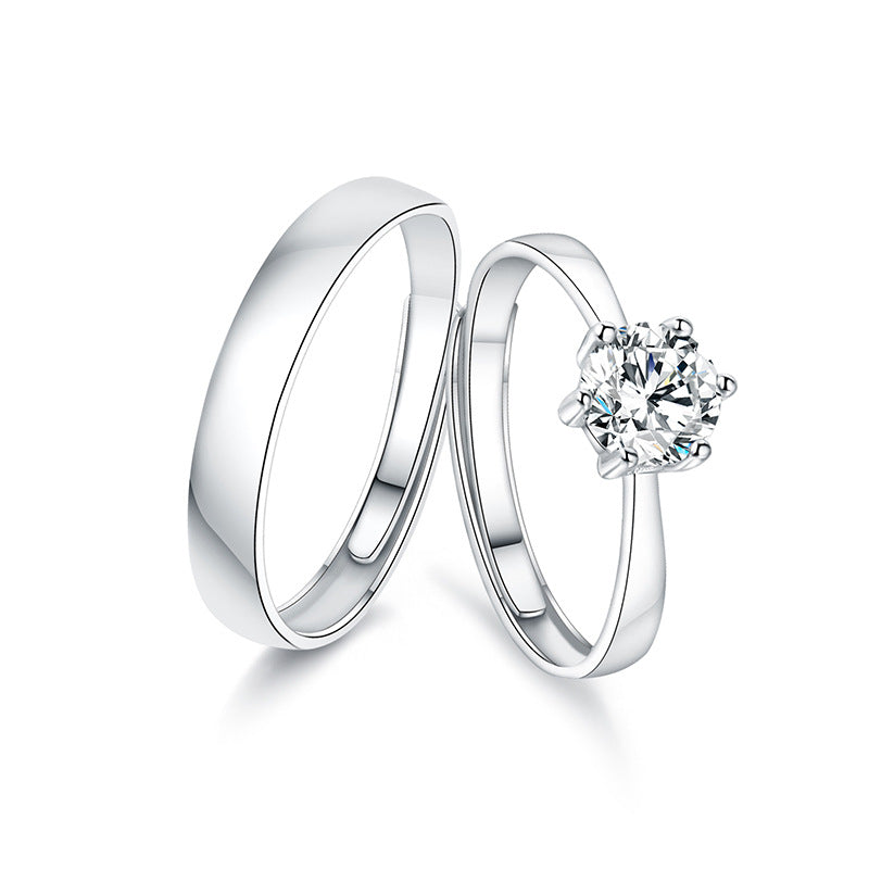 S925 Sterling Silver Couple Rings (6-Prong) - Rhodium-plated white gold look, adjustable & with cubic zirconia