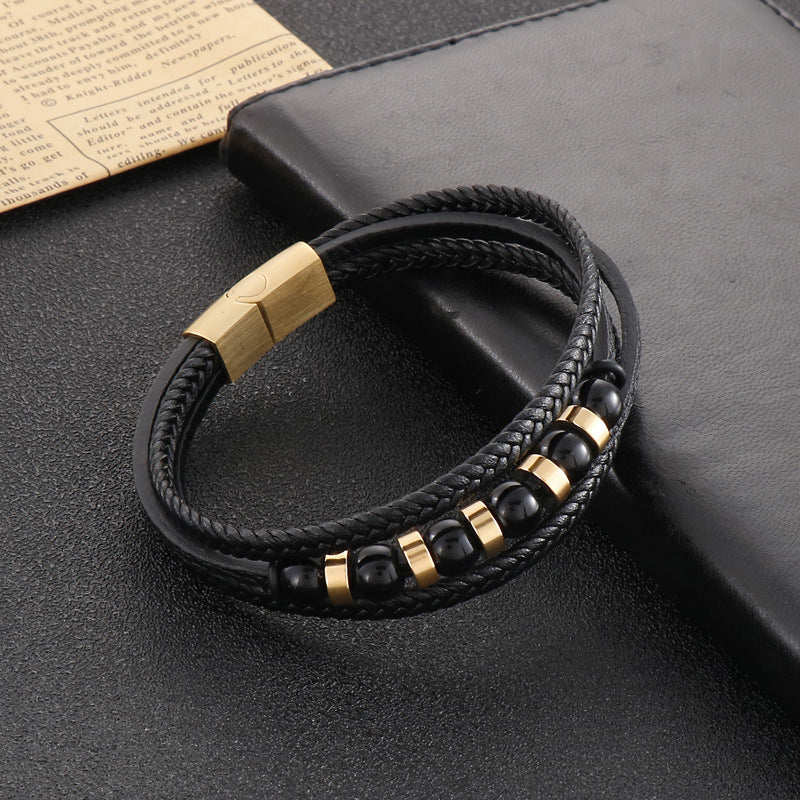 Multi-layered black leather bracelet with stainless steel accents – Hand-woven unique jewelry