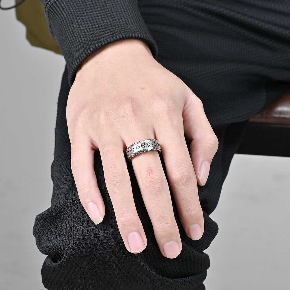 Viking ring with runes - titanium steel men's ring in vintage design - Nordic men's jewelry - Celtic symbol ring
