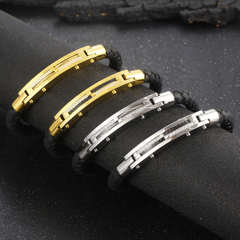 Men's bracelet with steel wire inlay – braided stainless steel leather strap