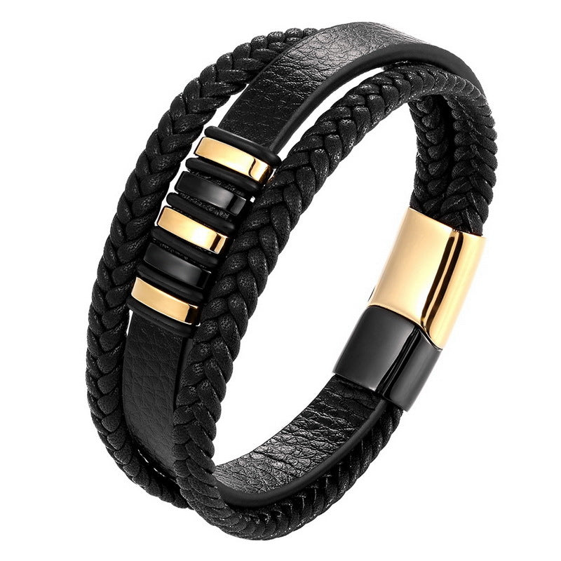 Multi-row leather bracelet with stainless steel - Handmade men's jewelry - Rustic unisex design