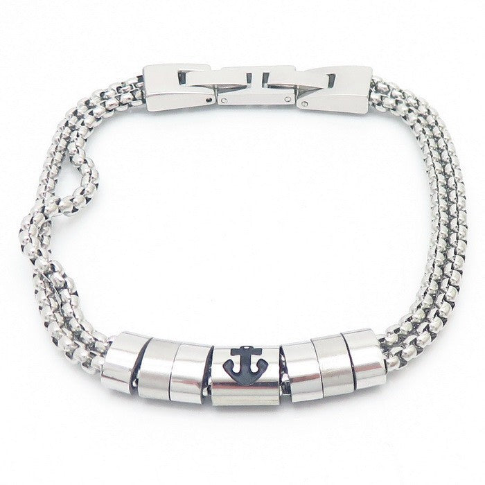 Stainless steel bracelet for men with maritime motifs - anchor, steering wheel, tree of life and stars in 2-layer design