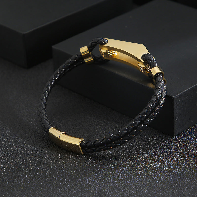 Stainless steel bracelet with double leather braid – titanium steel accents for urban style