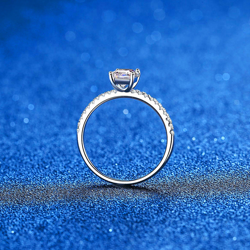Radiant-cut cubic zirconia ring with 4-claw setting | 1ct main stone (5x7mm) in pavé sterling silver with rhodium plating