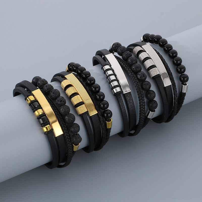 Vintage leather bracelet for men with volcanic stone & magnetic plate – multi-layer microfiber braiding