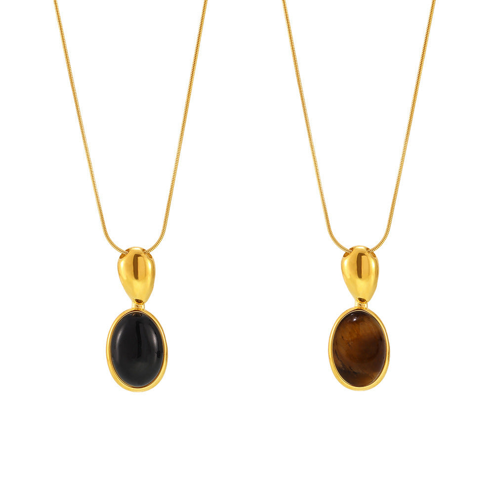 Long oval chain with tiger eye & black onyx – 18K real gold plating or stainless steel look (optional)