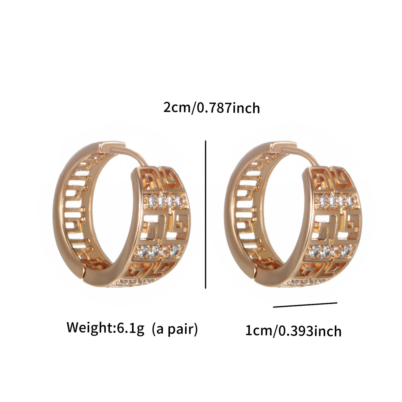 Great Wall pattern ear clips with zirconia - copper gold-plated (2 cm diameter)