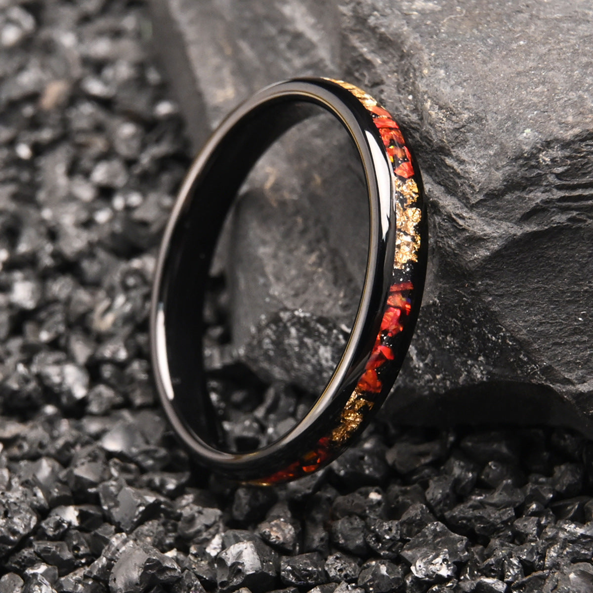 PIOWNN® Wolframstahl Verlobungsring mit Blauem / Rot Opal