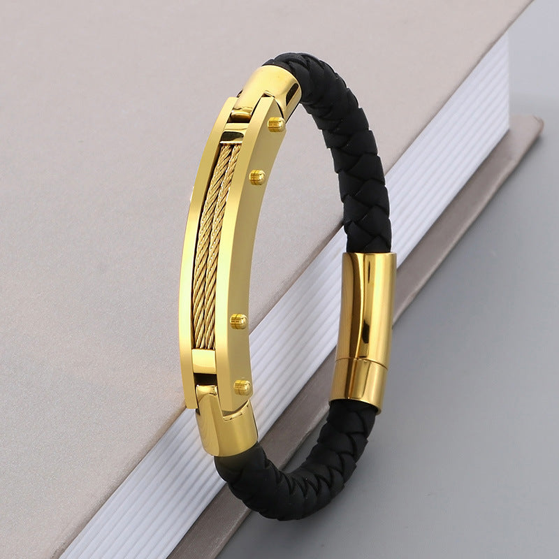 Fashionable men's bracelet made of stainless steel & braided leather - With fiber or steel wire inlays