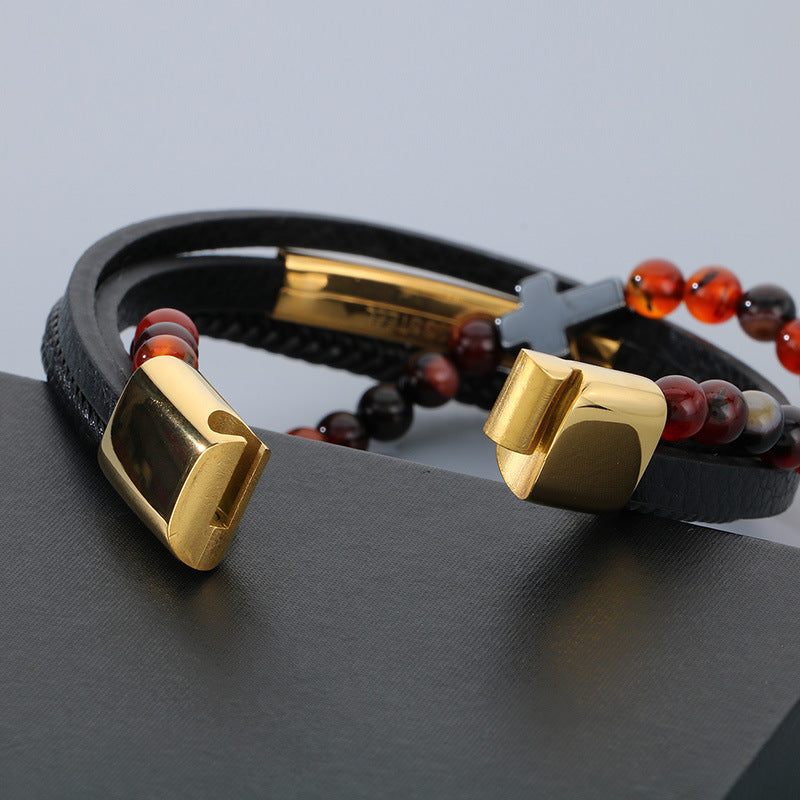 Vintage leather bracelet for men with titanium steel cross & agate beads – multi-layer braided