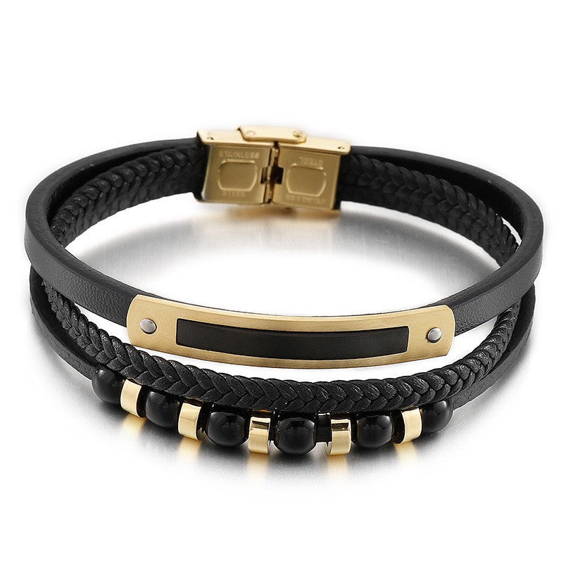Multi-layer braided leather bracelet with stainless steel & geometric beads – Handmade unique jewelry
